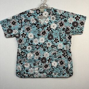 Cottonality Scrub Top‎ Floral Large CNA Healthcare Nurse V-Neck Pockets